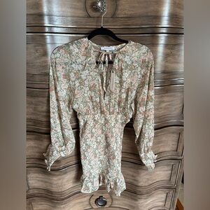 Olivaceous shaby Green Pink Floral Smocked Waist Long Sleeve Dress